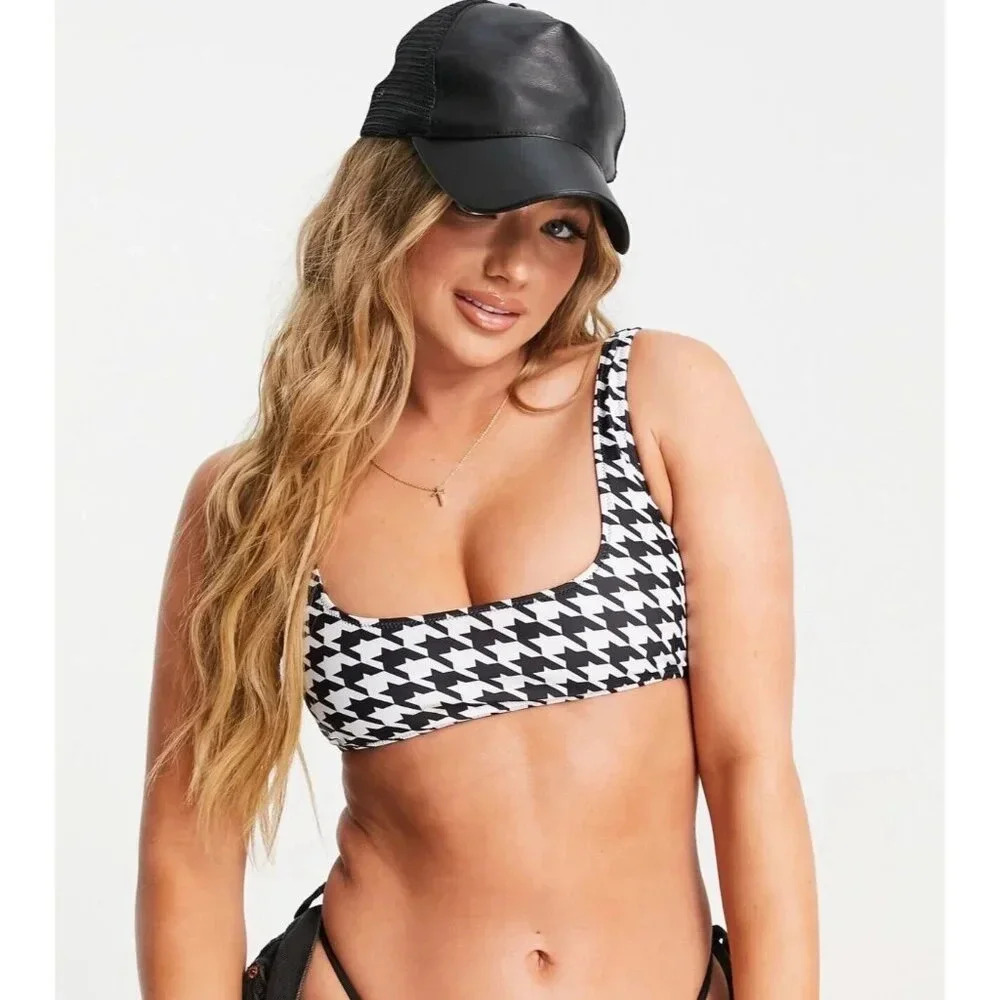 Missguided Bikini Top w/Scoop Neck- In Houndstooth Women’s Size US 6 Black NEW!!